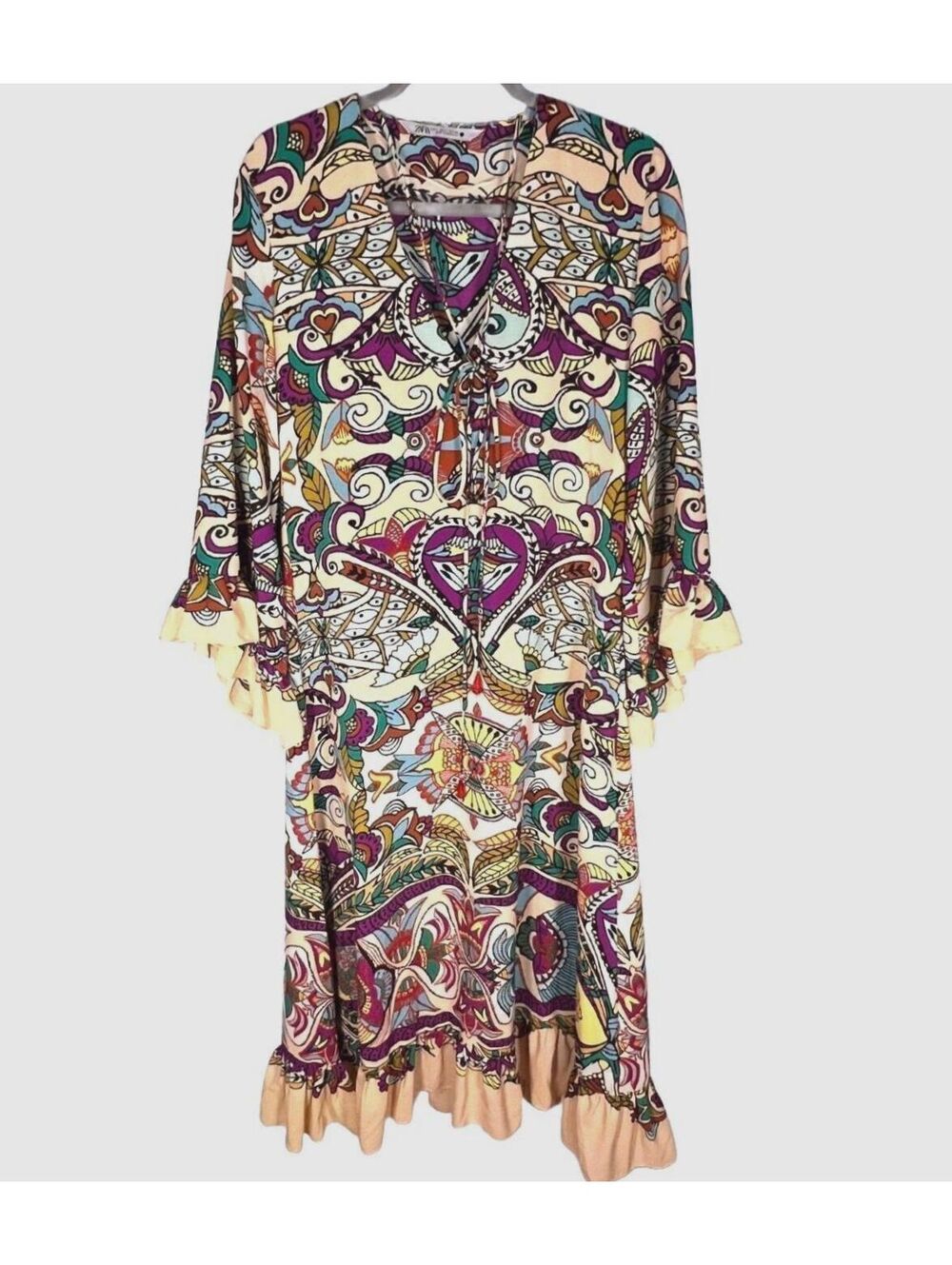 Zara Boho Psychedelic Print Tie Neck Bell Sleeve Midi Dress Cream Purple 70s L - Picture 3 of 9